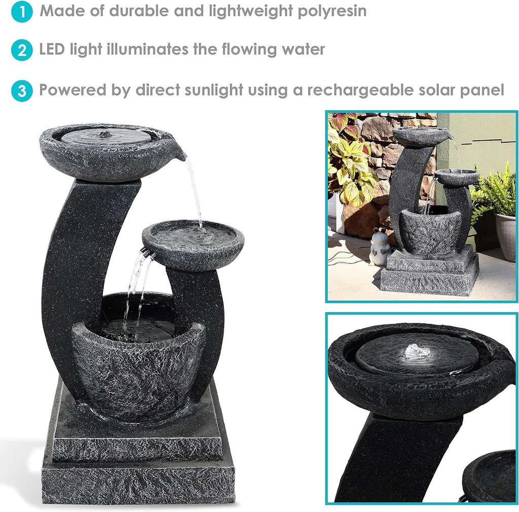 Outdoor Freestanding Solar Birdbath & Cascading Fountain with Pump & LED Light - Charcoal Blue - Fraser Country