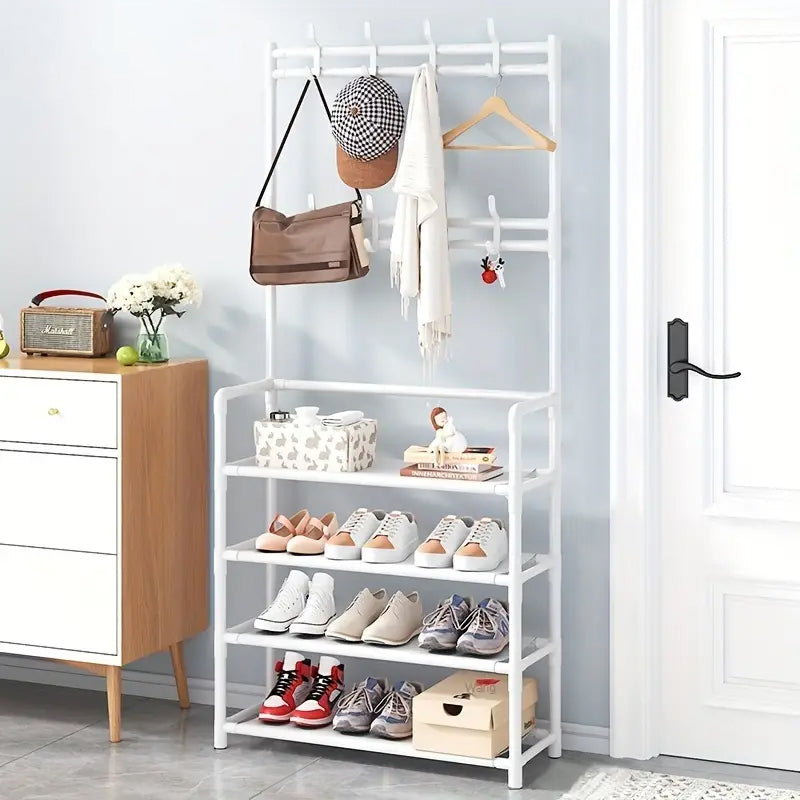 STORFEX 4-Tier 3-in-1 Coat Hanger and Shoe Rack - White