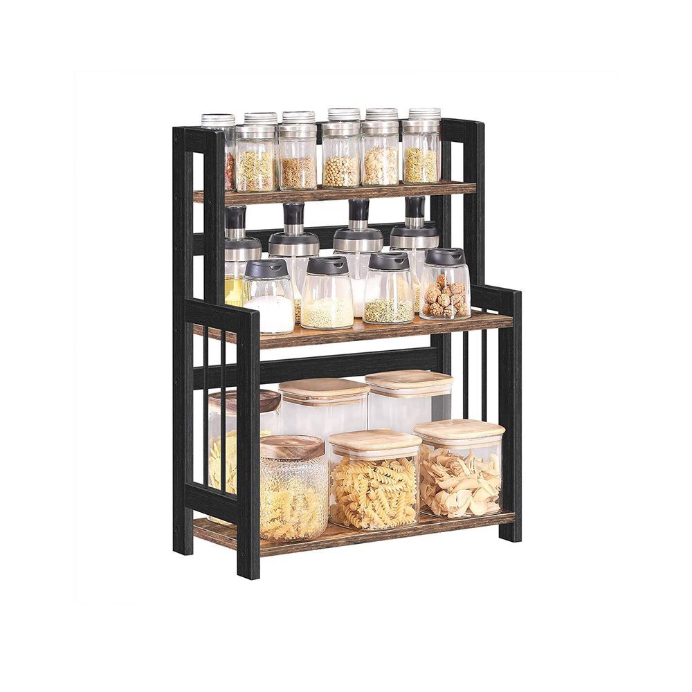 SONGMICS Brown & Black 3-Tier Spice Rack with Bamboo Frame