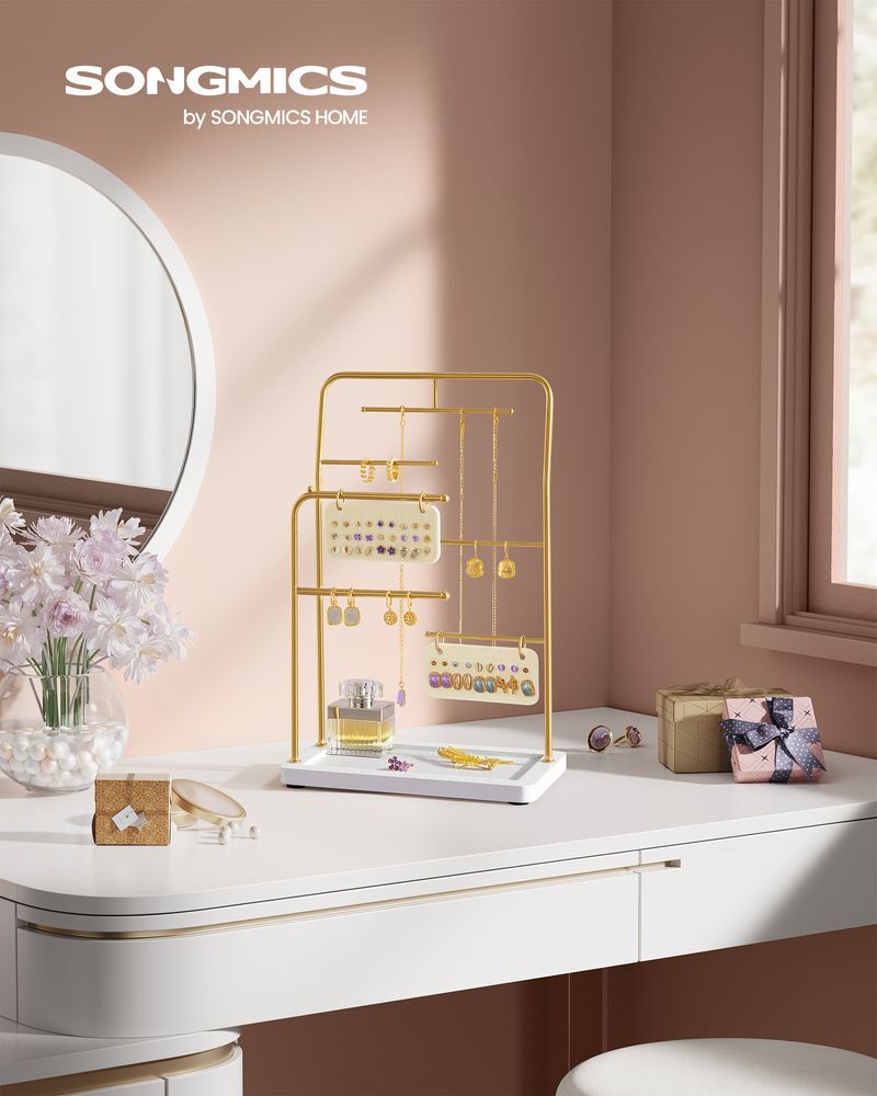 SONGMICS Metal Frame Jewelry Stand with 6 Hanging Rods - Metallic Gold