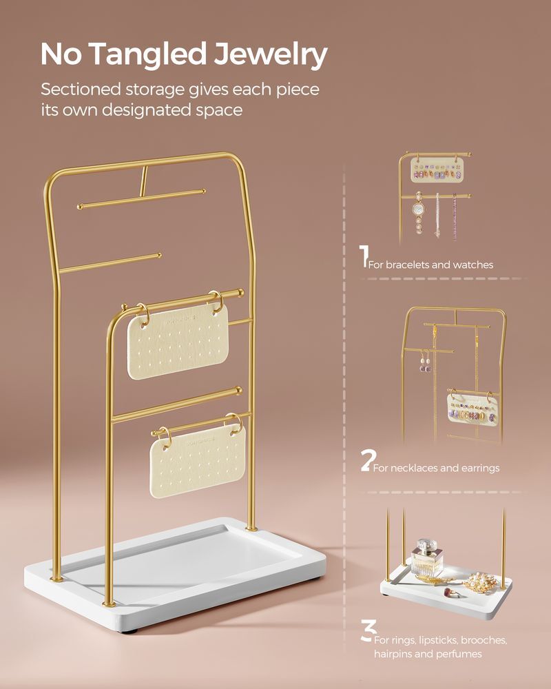 SONGMICS Metal Frame Jewelry Stand with 6 Hanging Rods - Metallic Gold