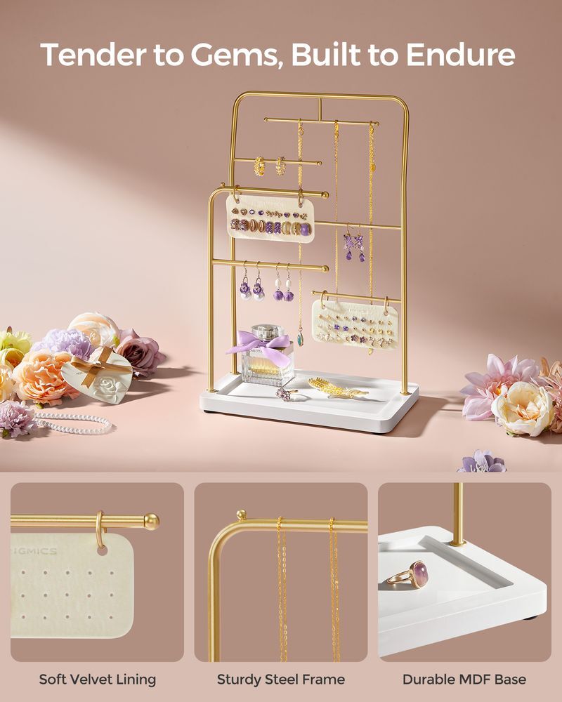 SONGMICS Metal Frame Jewelry Stand with 6 Hanging Rods - Metallic Gold