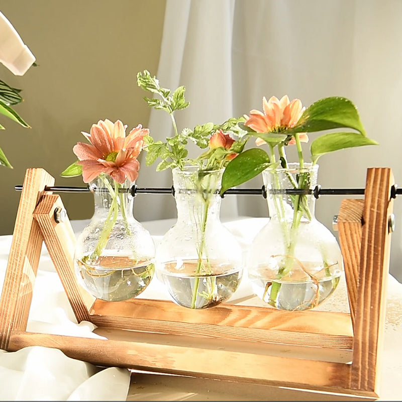 GREENHAVEN 3 Bulb Vase Plant Terrarium with Wooden Stand - Brown