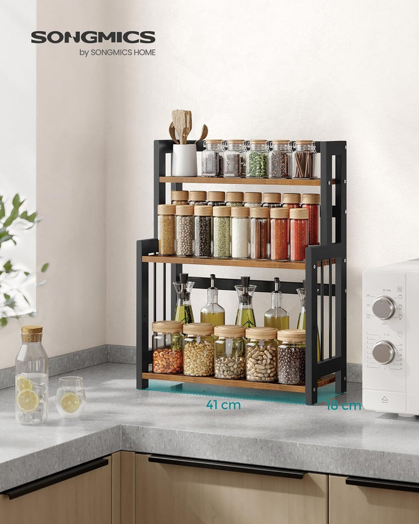 SONGMICS Brown & Black 3-Tier Spice Rack with Bamboo Frame