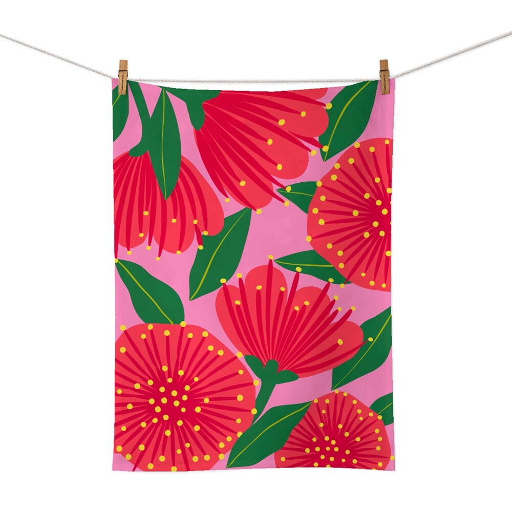 100% NZ: Bright Botanical Pink Pohutukawa Tea Towel