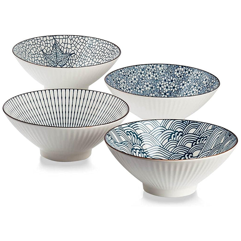 OZZYCOOK Japanese Ramen Bowls Set of 4 - Blue & White