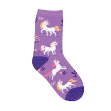 Load image into Gallery viewer, Socksmith: Unicorn Flowers - Purple, Kids (4 - 7 yrs)