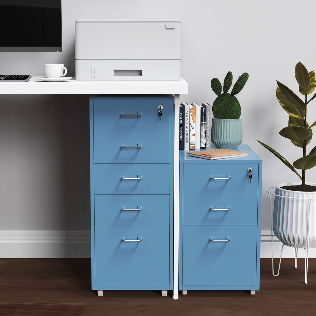 Gorilla Office - Mobile Metal 5 Drawer Cabinet - Pastel Blue