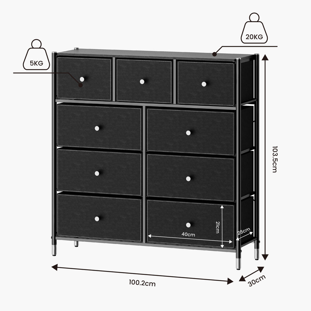 Fraser Country 9 Drawer Storage Dresser - Black / Silver