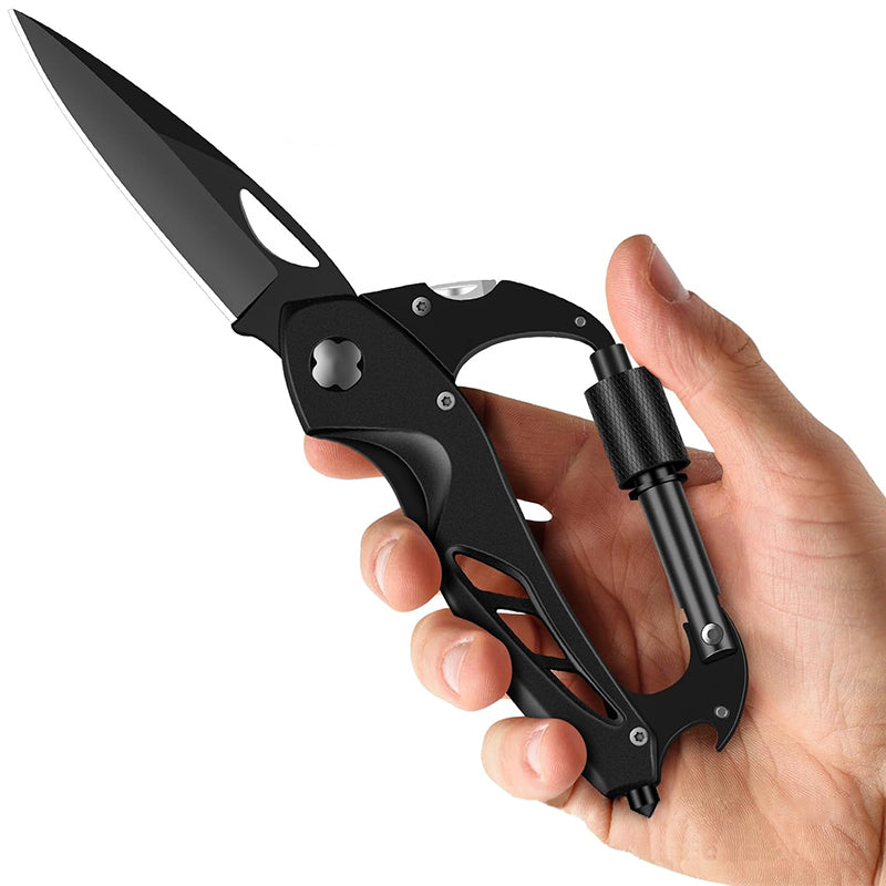 HYPERANGER 6 in 1 Multi-Function Carabiner with Folding Knife - Black