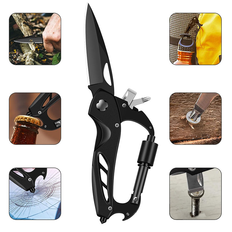 HYPERANGER 6 in 1 Multi-Function Carabiner with Folding Knife - Black