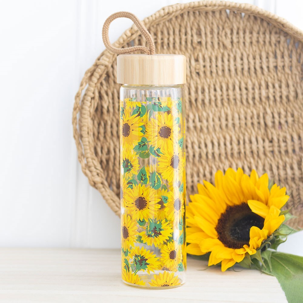 Sunflower Print Glass Water Bottle (600ml)