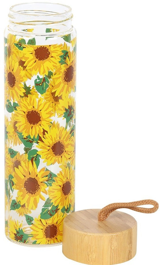 Sunflower Print Glass Water Bottle (600ml)