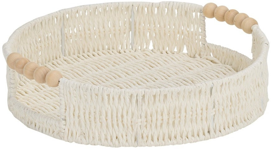Annabel Trends: Papier Woven Round Tray W/Beaded Handle - White