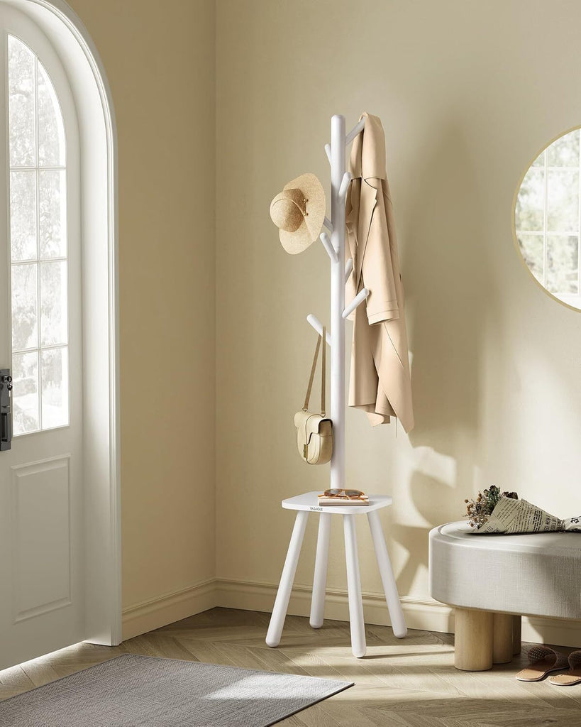 VASAGLE Coat Rack with 8 Hooks and Shelf - Cloud White