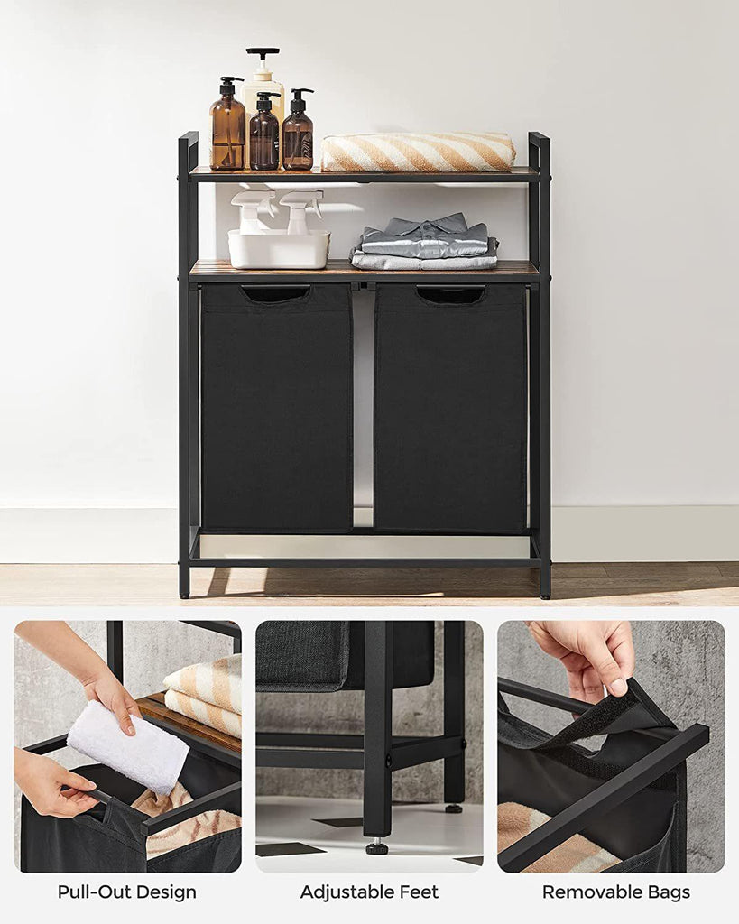 Vasagle 2-Compartment Laundry Hamper with 2 Storage Shelves - Rustic Brown