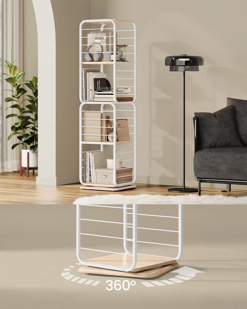VASAGLE 4-Tier Rotating Bookshelf with Bookends - Natural Beige & Cloud White