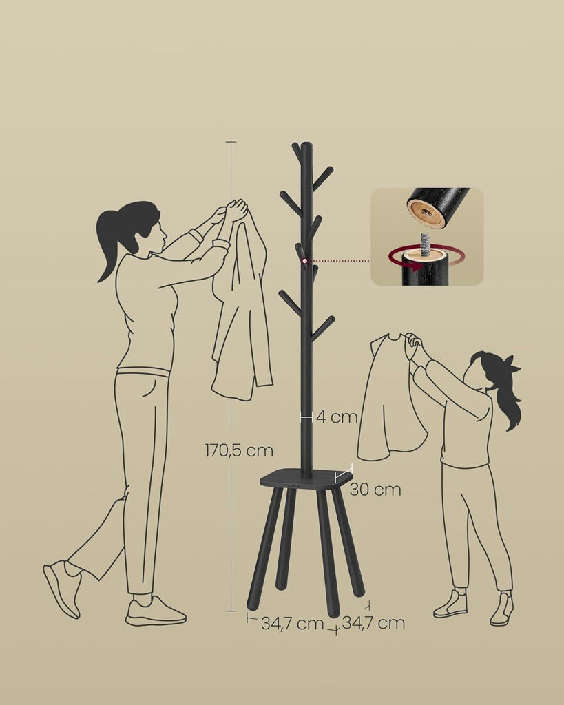 VASAGLE Coat Rack with 8 Hooks and Shelf - Ink Black