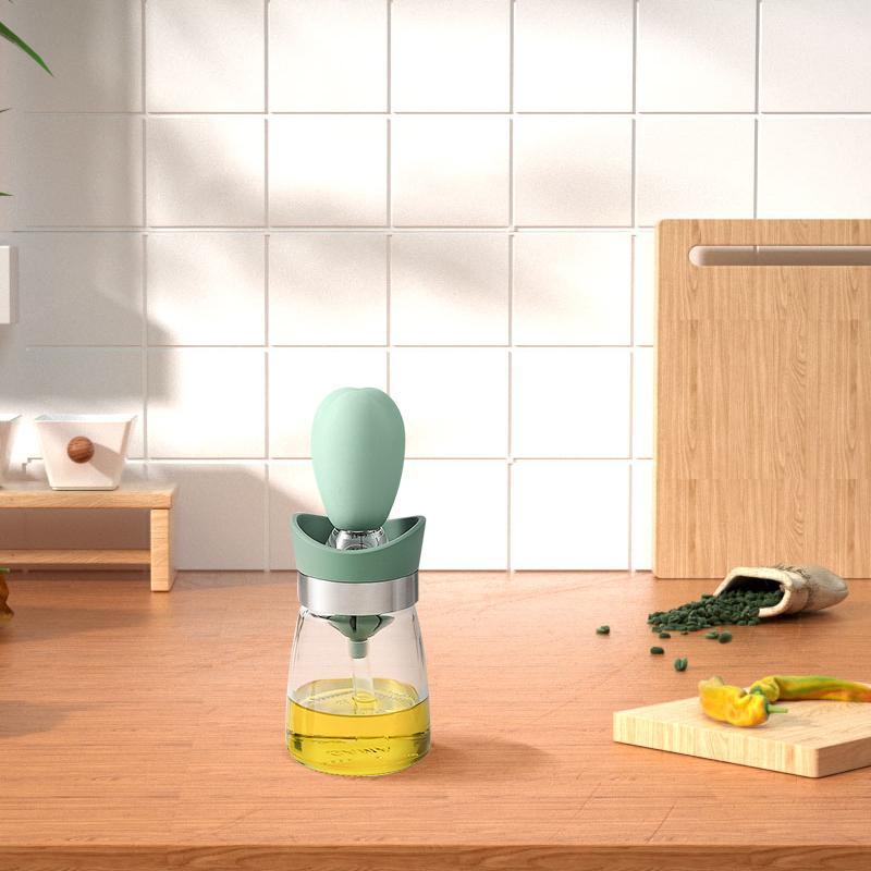 OZZYCOOK 2 Pack 2-in-1 Glass Olive Oil Bottle and Brush - Green