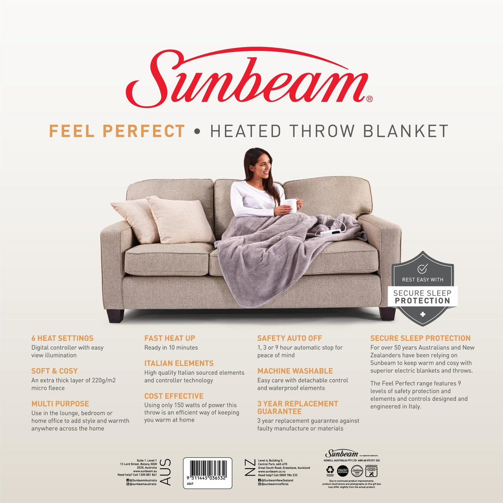 Sunbeam: Feel Perfect Cosy Sherpa Fleece Heated Throw Rug (Warm Grey)