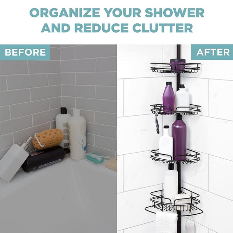 STORFEX Rust-Resistant Corner Shower Caddy with Towel Bar and Hooks - Black