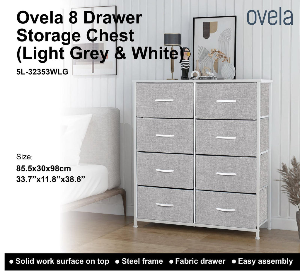Ovela: 8 Drawer Storage Chest - Light Grey & White