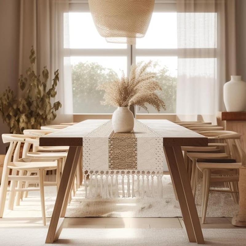 COMFEYA Boho Table Runner with Tassels - White (175cm)