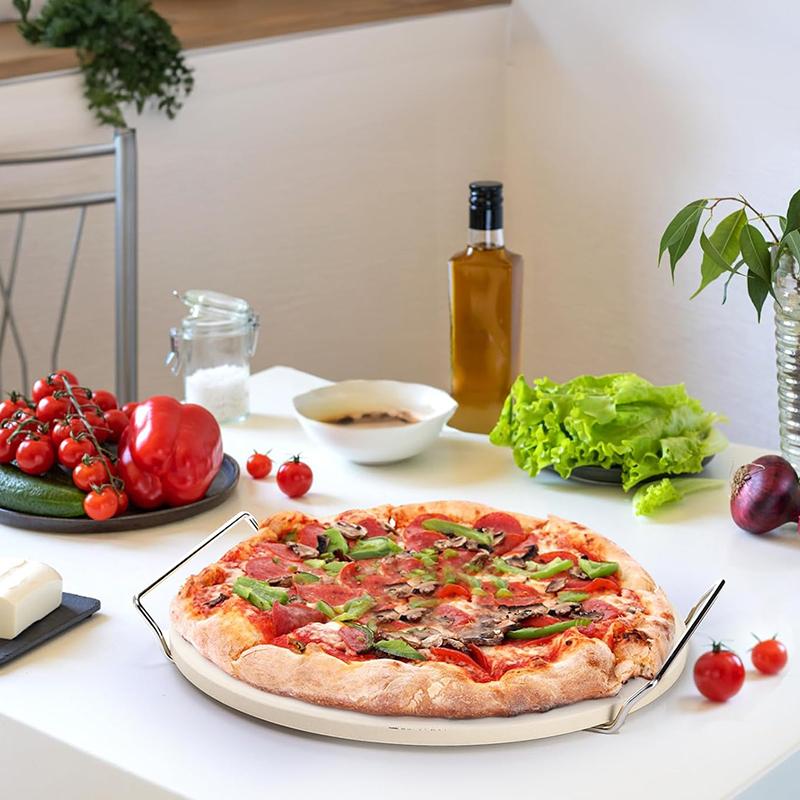 OZZYCOOK 33cm Pizza Stone for Oven and Grill with Pizza Peel