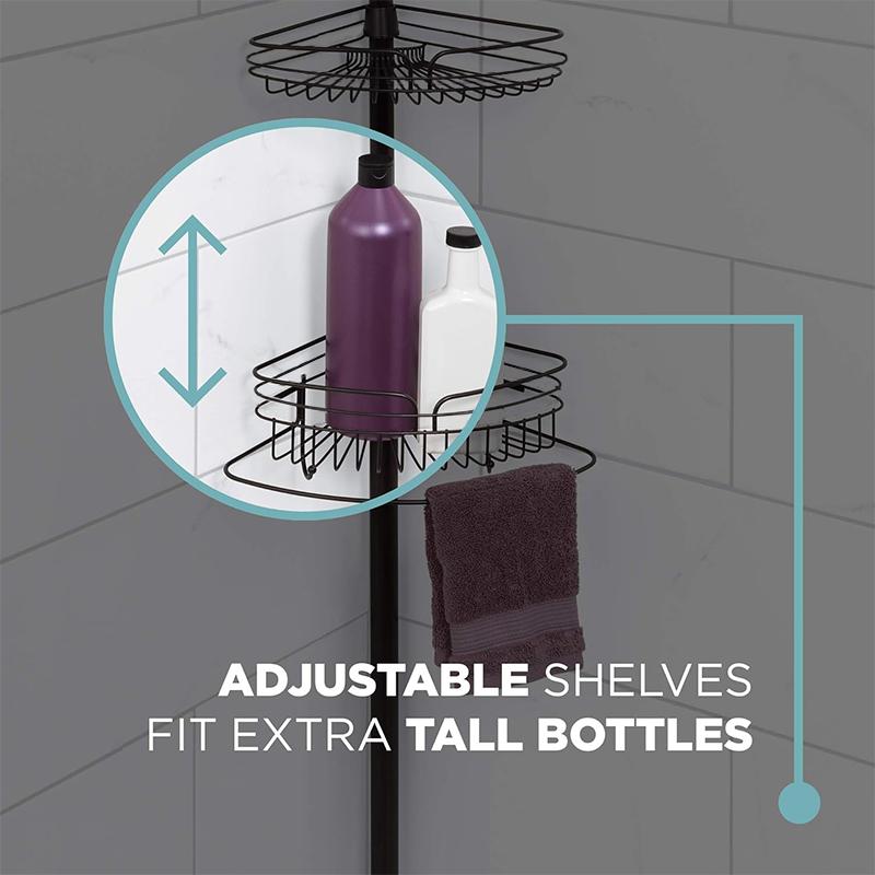 STORFEX Rust-Resistant Corner Shower Caddy with Towel Bar and Hooks - Black