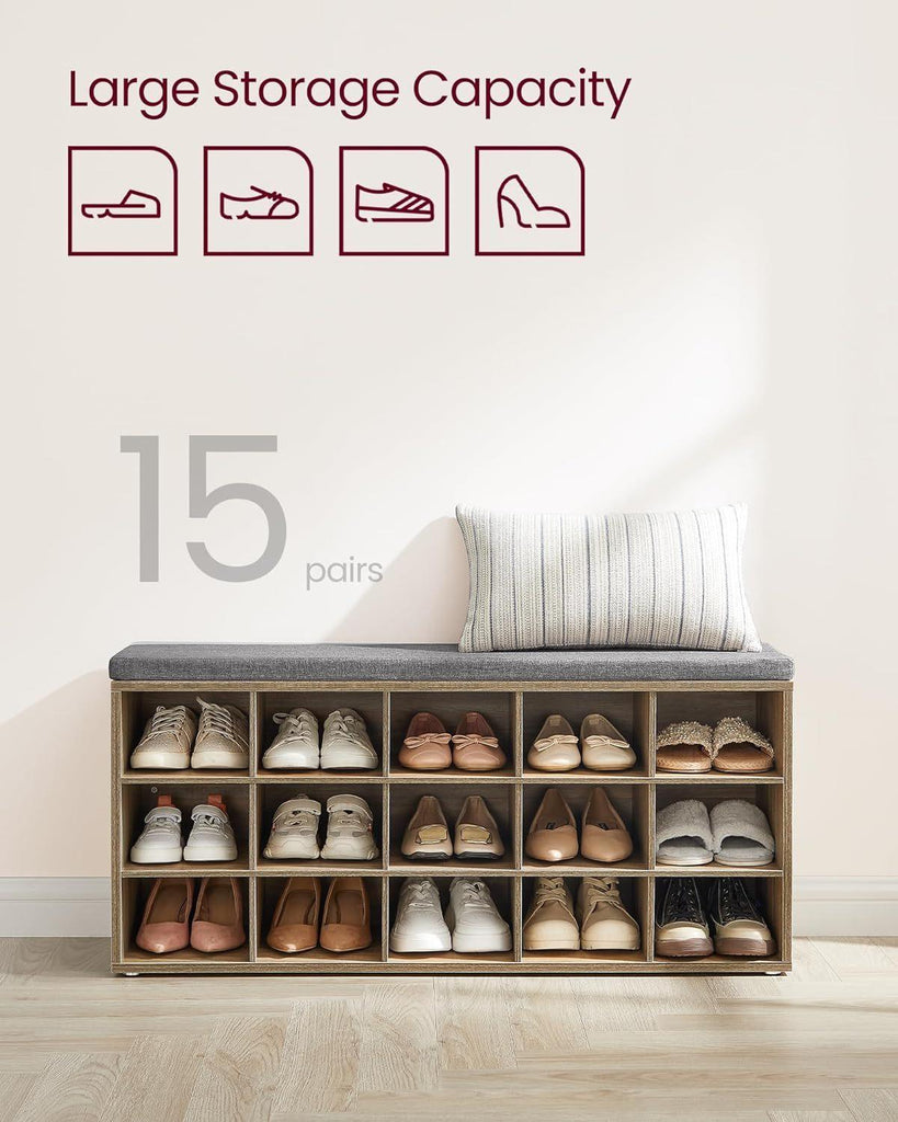 VASAGLE Shoe Storage Bench with 15 Compartments - Oak/Grey