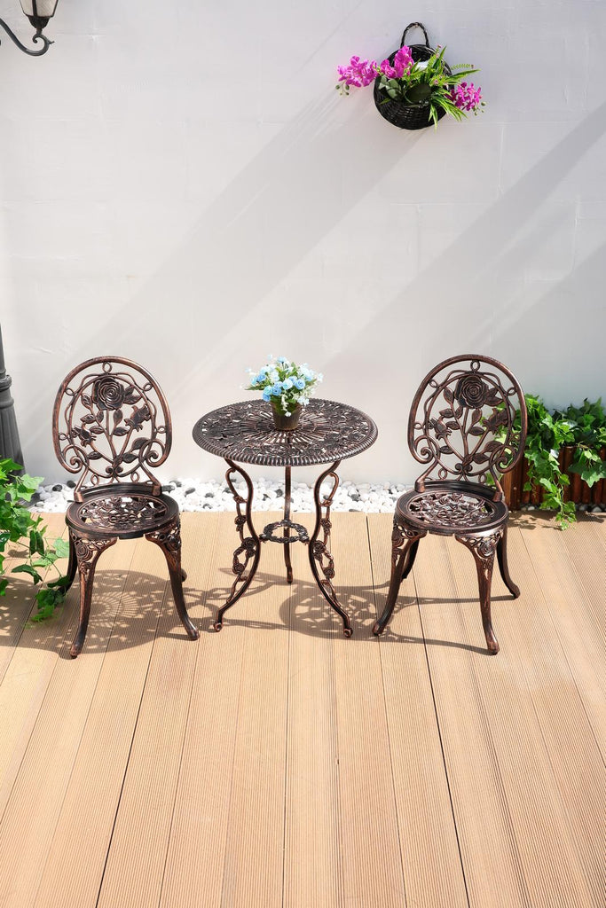 Fraser Country Outdoor Bistro Table and Chairs with Rose Pattern Set of 2 - Bronze