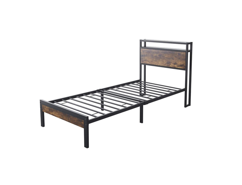 Fraser Country Single Metal Bed Frame with Wooden Rustic Brown Headboard & Footboard - Black