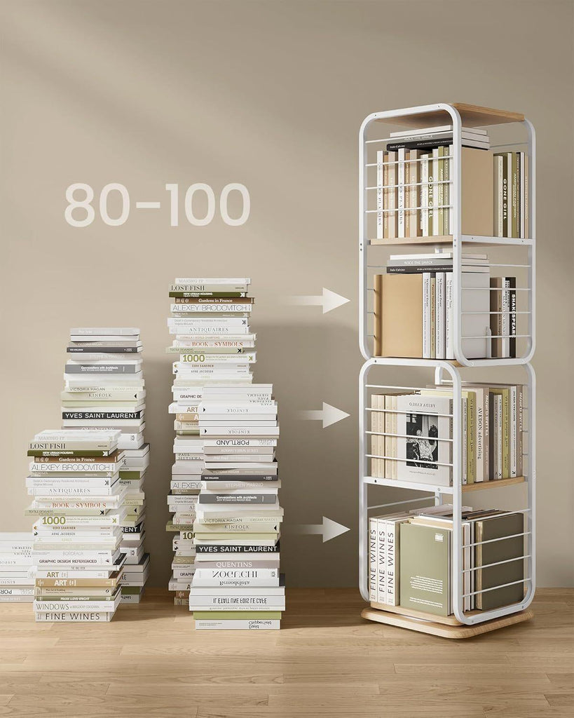 VASAGLE 4-Tier Rotating Bookshelf with Bookends - Natural Beige & Cloud White