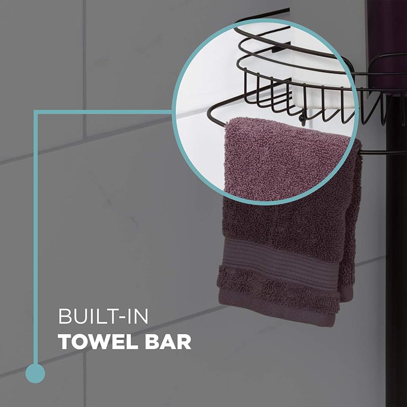 STORFEX Rust-Resistant Corner Shower Caddy with Towel Bar and Hooks - Black