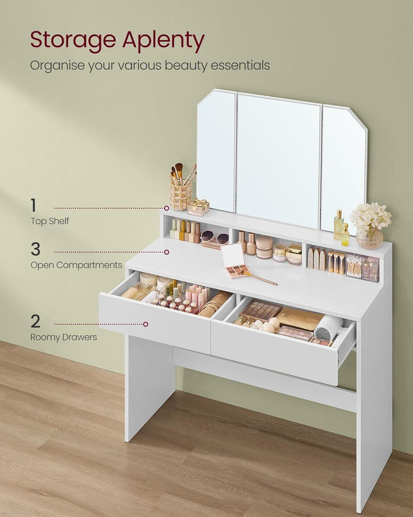 VASAGLE Dressing Table with Tri-Fold Mirror - White