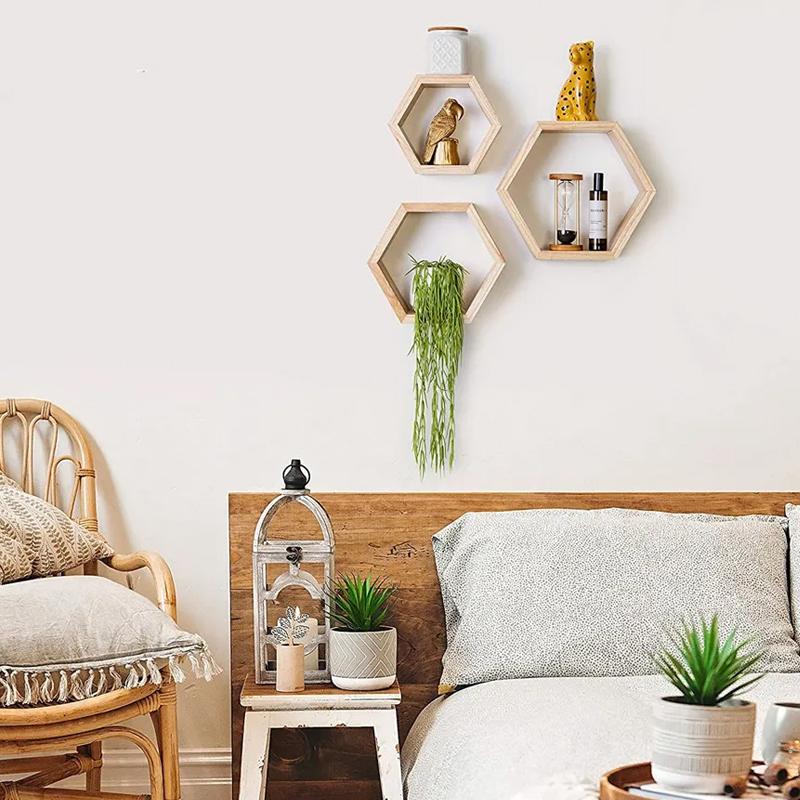 STORFEX Wooden Wall Mounted Hexagonal Floating Shelves