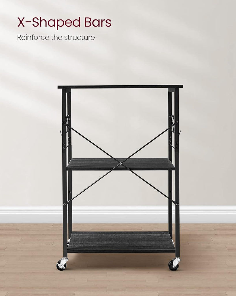 VASAGLE 3 Tier Metal Frame Kitchen Trolley - Ebony Black