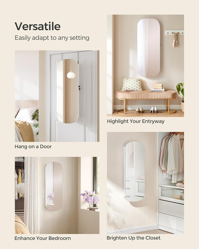 SONGMICS LED Jewelry Cabinet Wall or Door Mounted Mirror - White Surface with Greige Lining