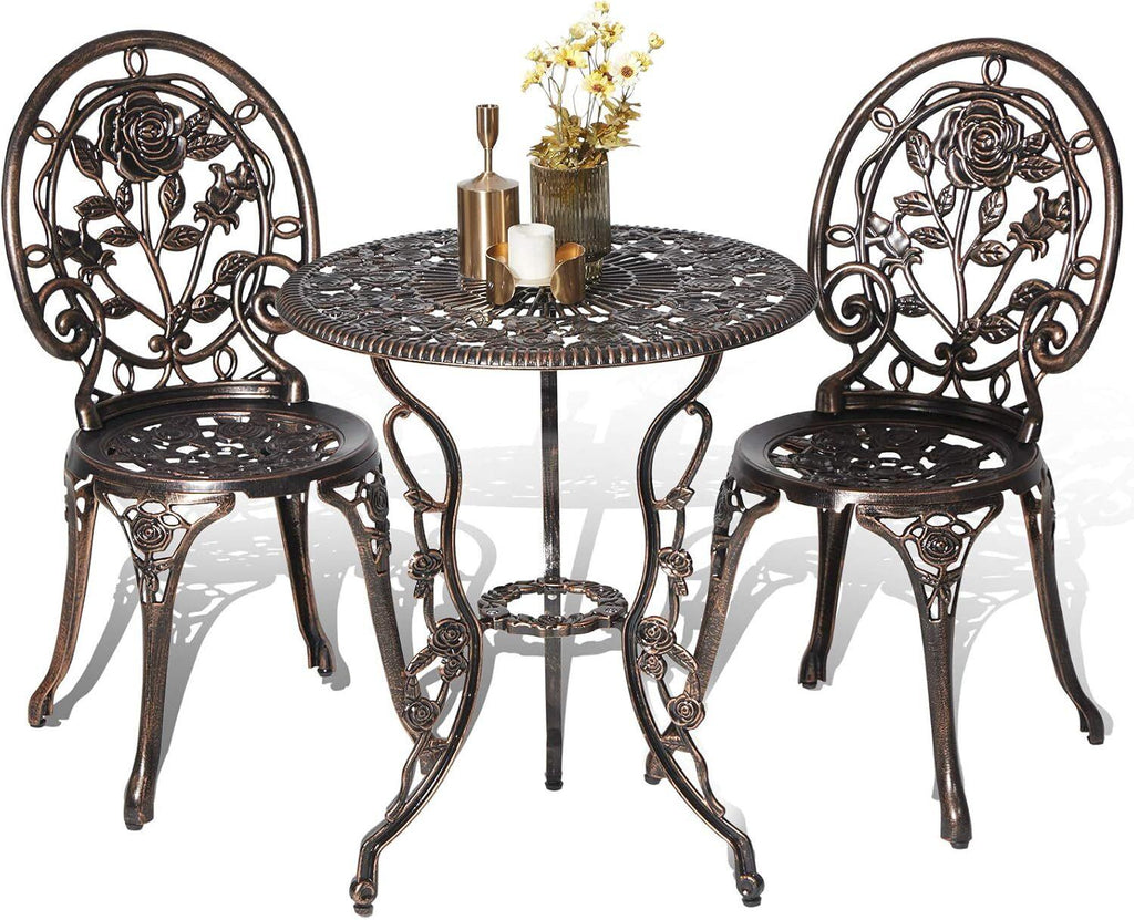 Fraser Country Outdoor Bistro Table and Chairs with Rose Pattern Set of 2 - Bronze