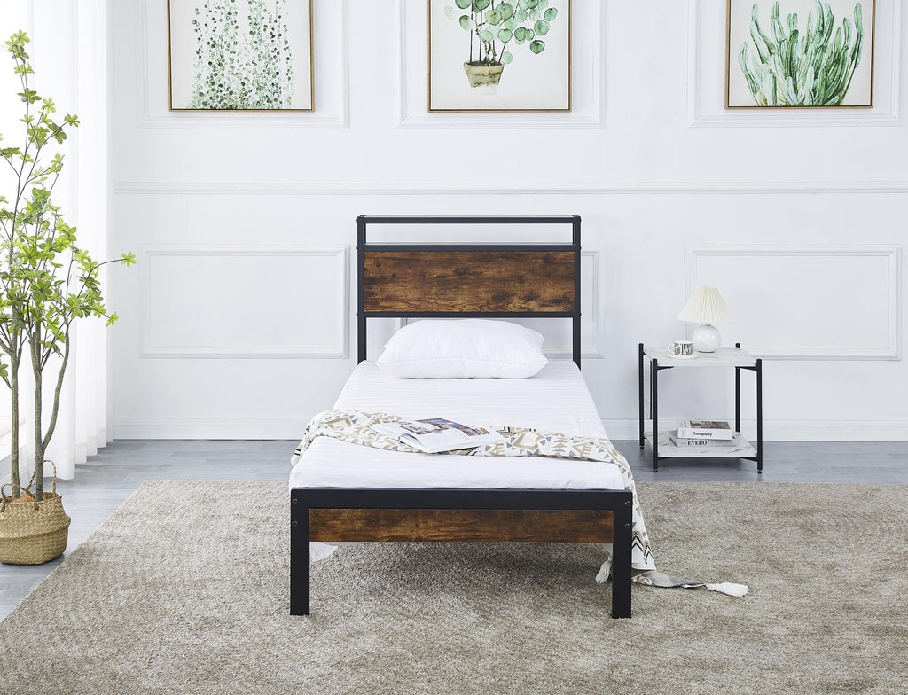 Fraser Country Single Metal Bed Frame with Wooden Rustic Brown Headboard & Footboard - Black