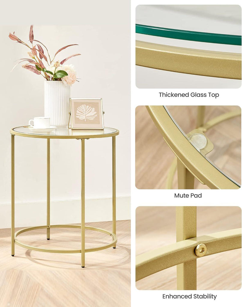 VASAGLE Set of 2 Round Metal Side Tables with Tempered Glass - Gold
