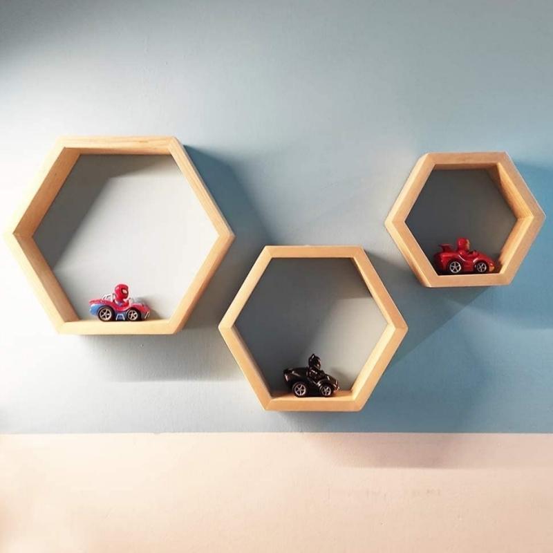 STORFEX Wooden Wall Mounted Hexagonal Floating Shelves