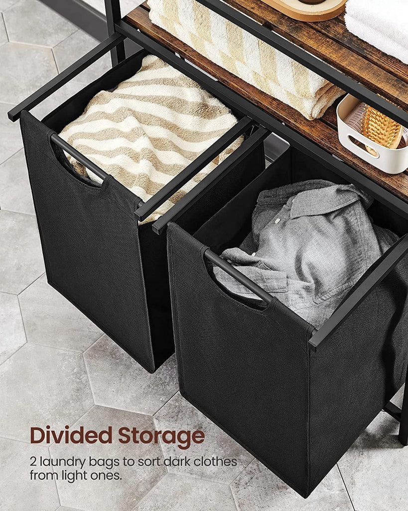 Vasagle 2-Compartment Laundry Hamper with 2 Storage Shelves - Rustic Brown