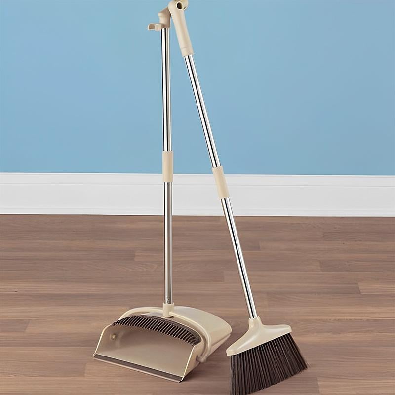CLEANFOK Height Adjustable Broom and Dustpan Set - Khaki