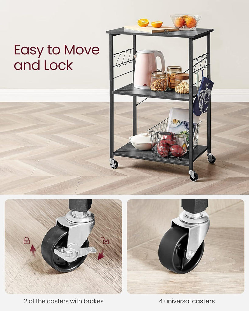 VASAGLE 3 Tier Metal Frame Kitchen Trolley - Ebony Black