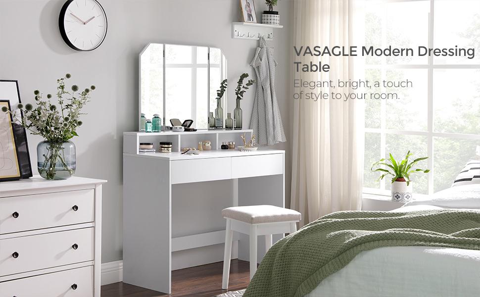 VASAGLE Dressing Table with Tri-Fold Mirror - White