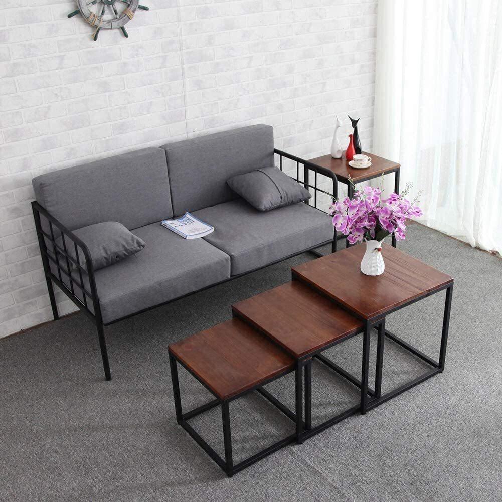 3 Piece Square Nesting Coffee Tables Set - Walnut & Black