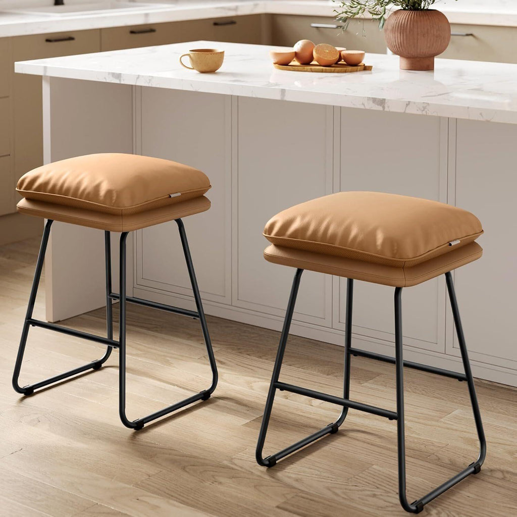 VASAGLE Set of 2 Bar Stools with Cushion and Sled Base - Caramel Brown