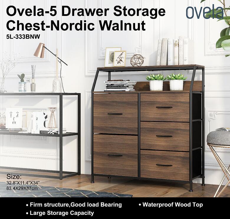 Ovela 5 Large Drawer Storage Chest - Nordic Walnut