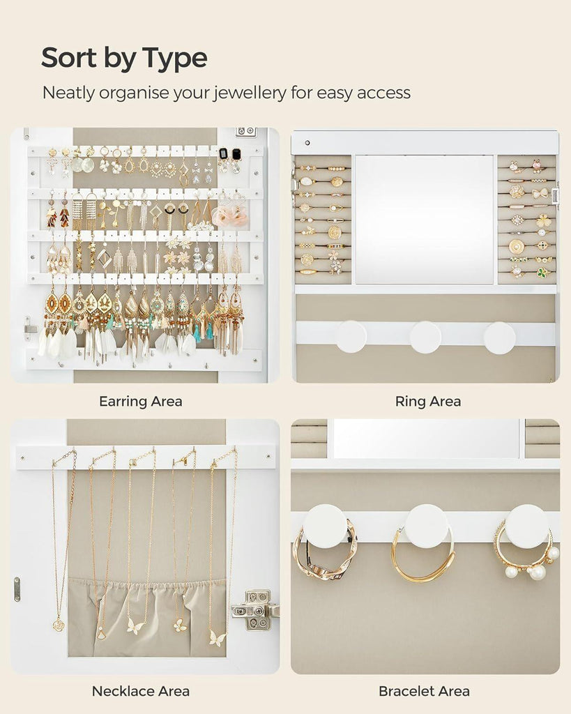 SONGMICS LED Jewelry Cabinet Wall or Door Mounted Mirror - White Surface with Greige Lining